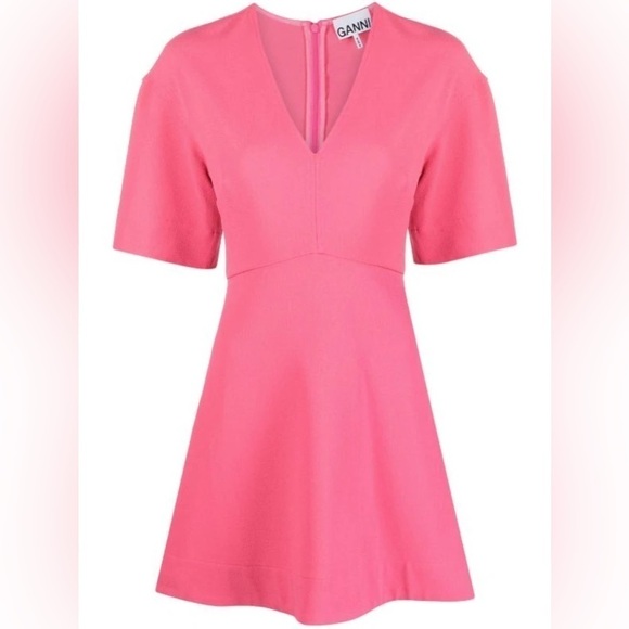 New Ganni Stretch Suiting V Neck Mini Dress Bright Bubblegum Pink Barbie Sz 36 - Picture 15 of 16